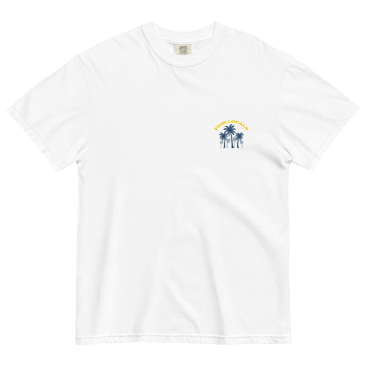 Front of white tee with a small navy palm tree graphic and yellow Fair Locals lettering on the left chest.