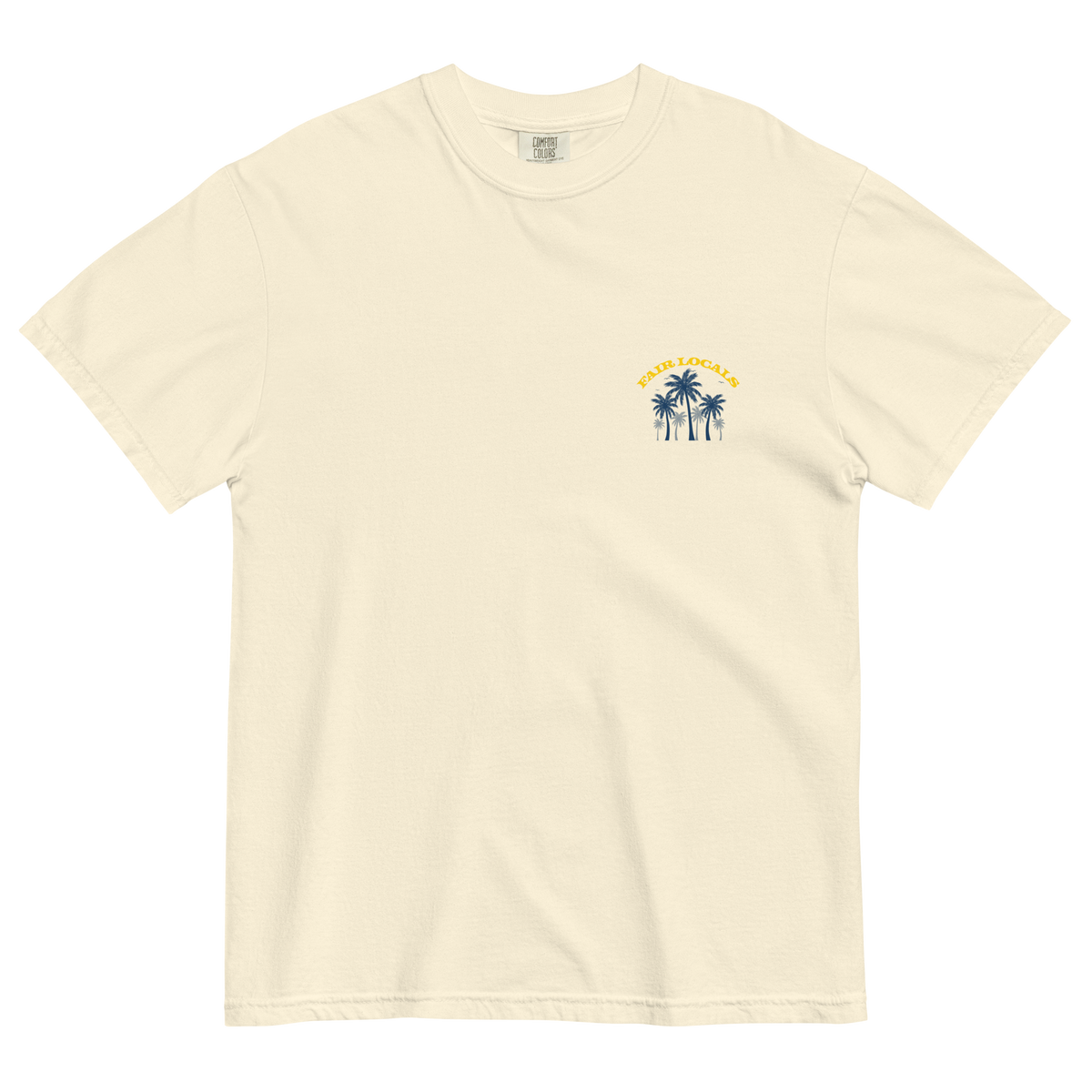 Front of ivory tee with a small navy palm tree graphic and yellow Fair Locals lettering on the left chest.